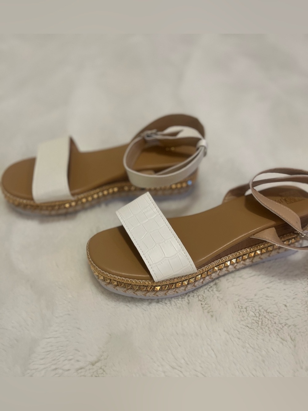 Women’s Wedge Platform Sandals, White Elegant Rhinestone Decor